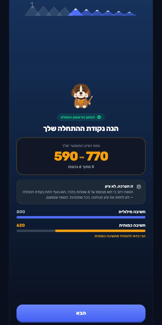 תוצאת מבחן המיון: טווח ציון משוער ופירוט לפי תחום